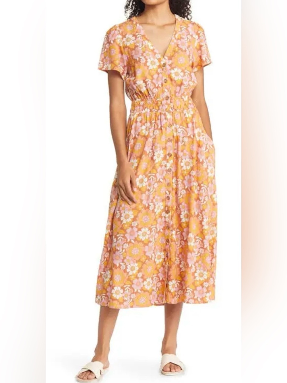 Marine Layer Annika Floral Print Smocked Midi Dress